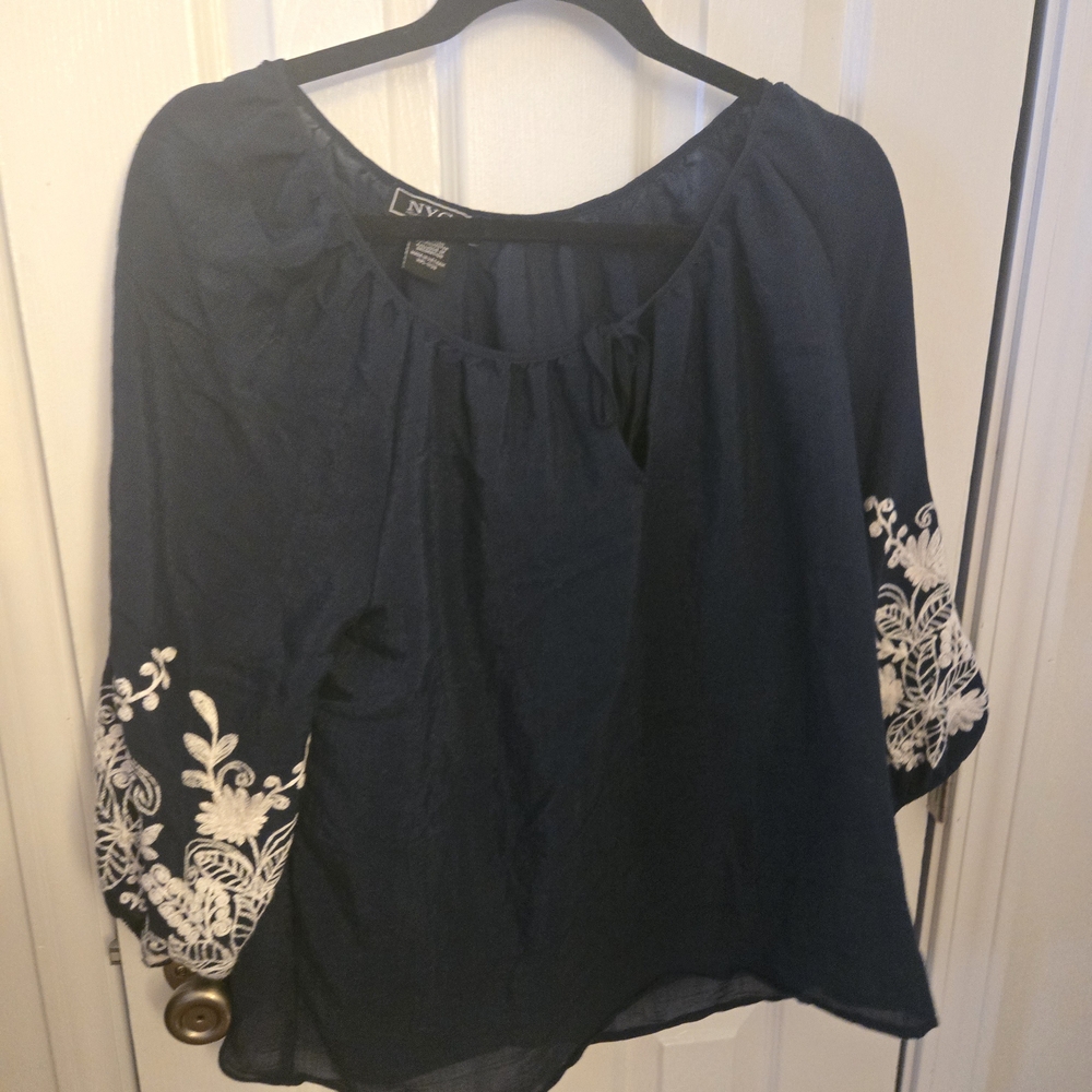 New York & Company Navy Peasant Blouse with White Embroidered Sleeves